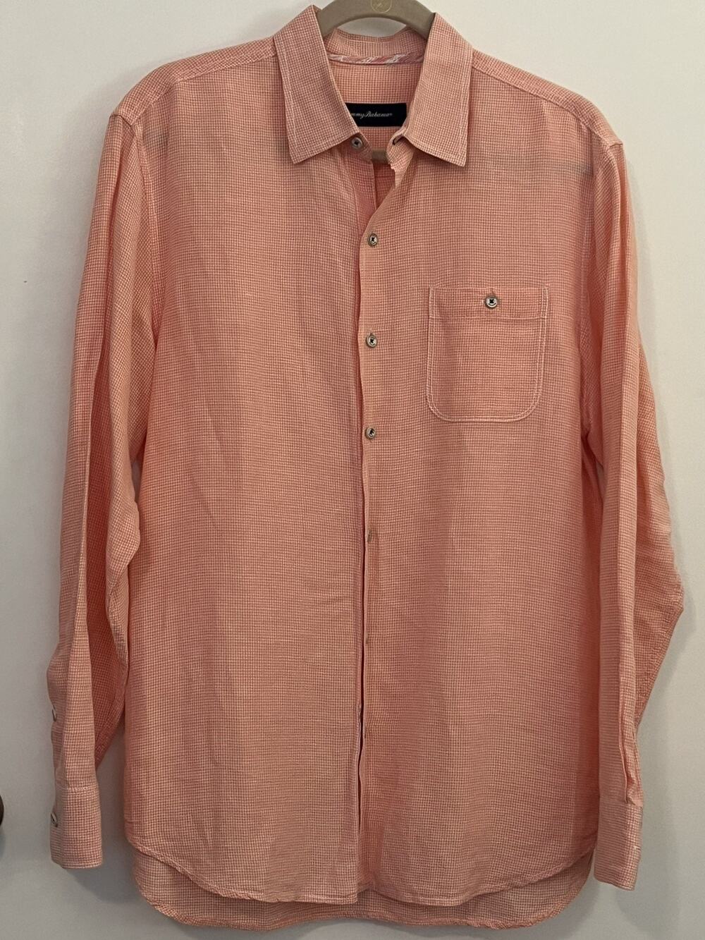 Tommy Bahama Men’s Medium Pink Gingham Linen Tencel Button Up Shirt